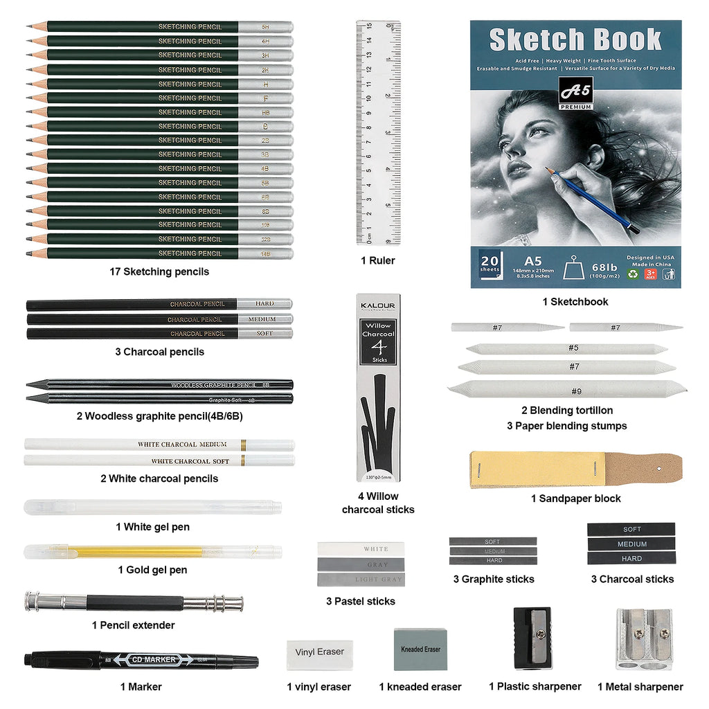 Drawing & Sketching Kit with Travel Case — 20 to 96 Pieces