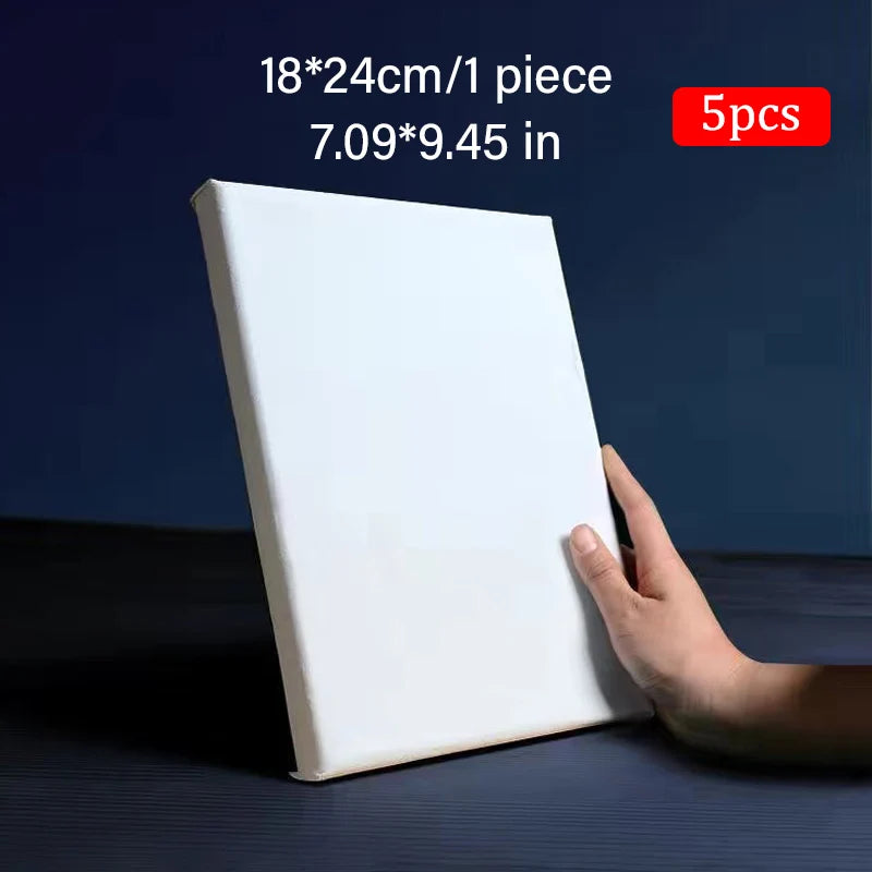 White square canvas held by a hand with text indicating size and quantity on a dark background