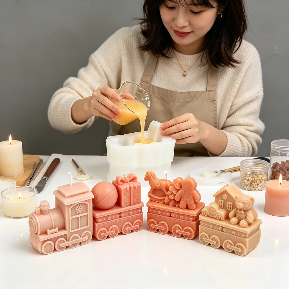 3D Christmas Train Silicone Candle Mold, 4 Carriages Bear Gingerbread Man Gift Box Design Soap Mold DIY Xmas Home Decor Gift