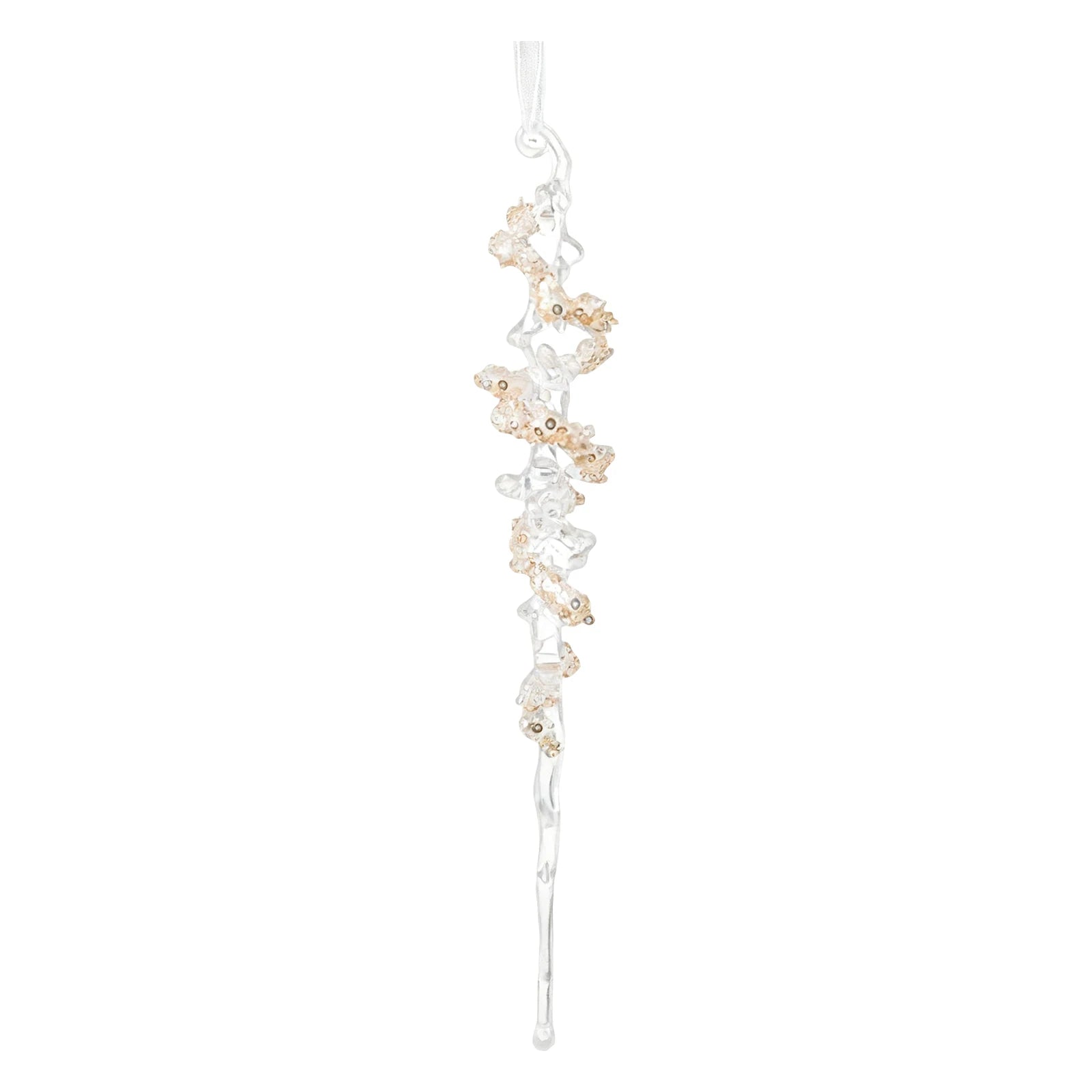 A delicate silver-toned branch-shaped earring with small clear crystal clusters and tiny pale gold floral accents, shown on a plain white background.
