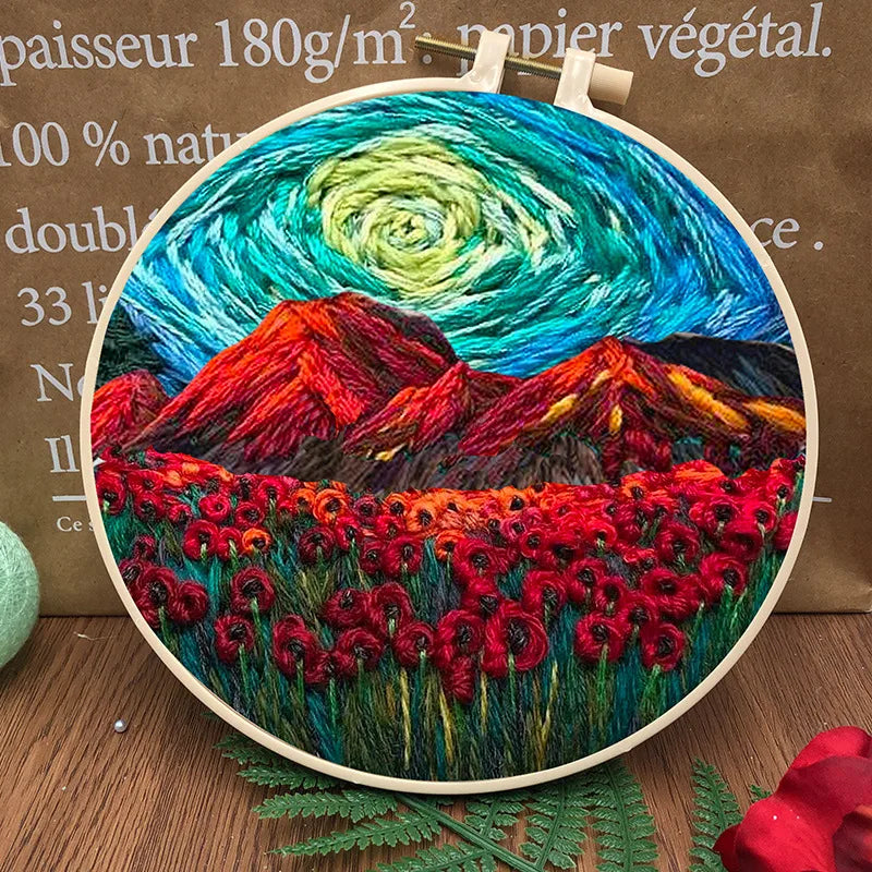 Embroidery Kit, Mountain Scenery with Hoop for Beginner Handmade Wall Art