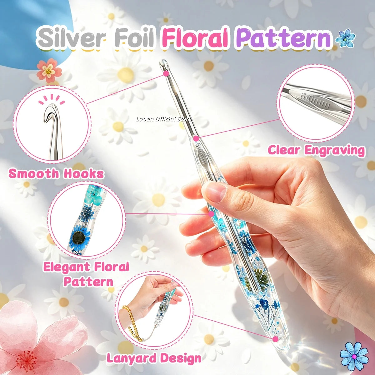 Crochet Hook, Gourd-Shaped Floral Resin Handle for Handmade Yarn Projects