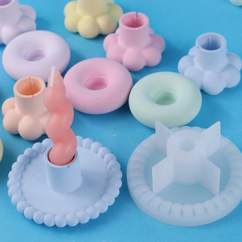Round Candle Holder Silicone Mold Nordic Candlestick Cement Plaster Craft Mould DIY Cute Flower Shape Resin Candle Stand Molds
