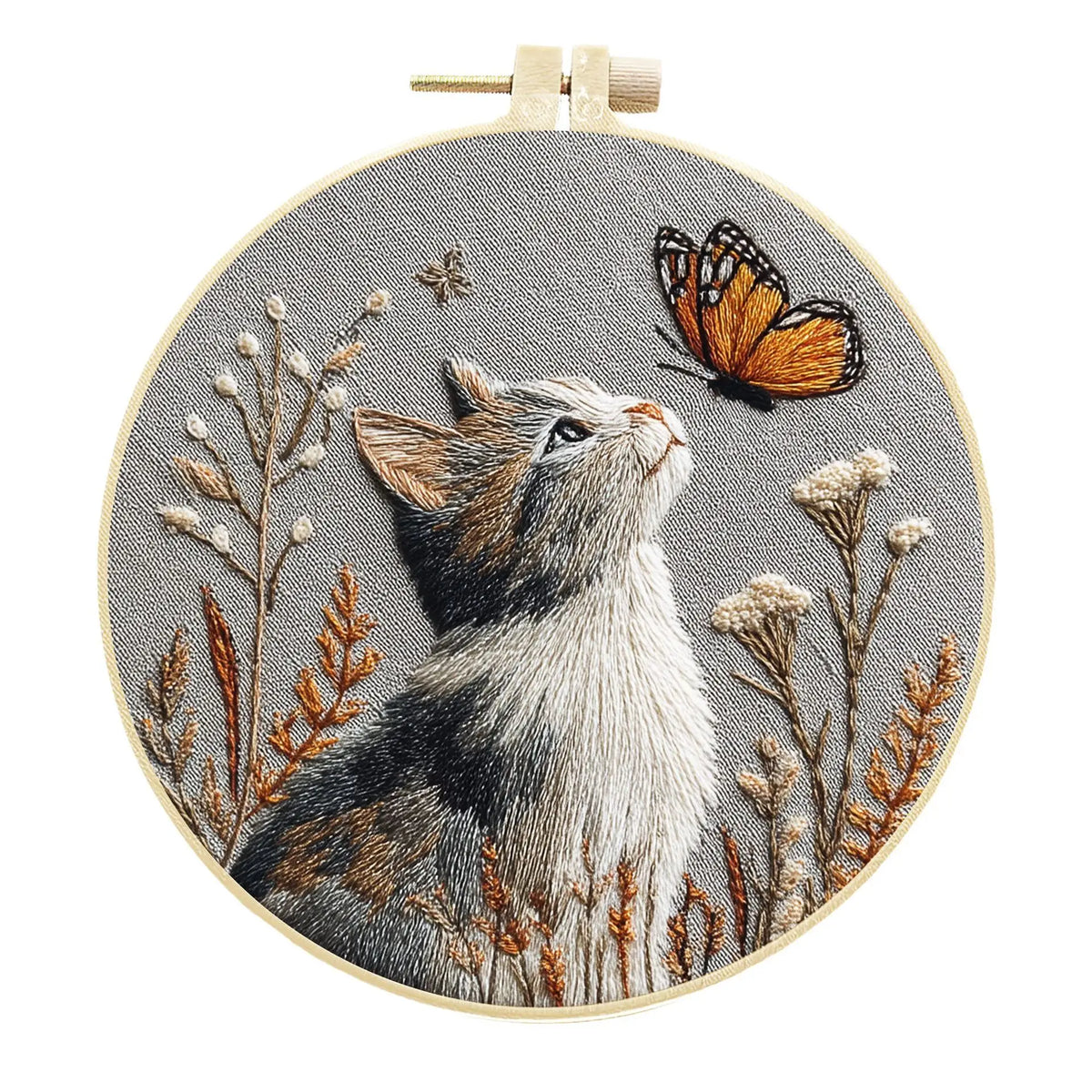 Embroidery Kit, Cat, Flowers & Butterfly Designs for Beginner Hoop Art