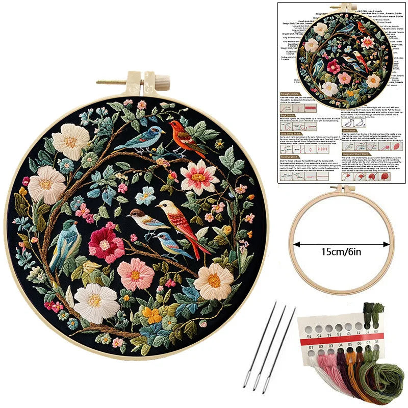 Embroidery Kit, Flowers & Birds for Beginner Stitch Practice & Home Decor