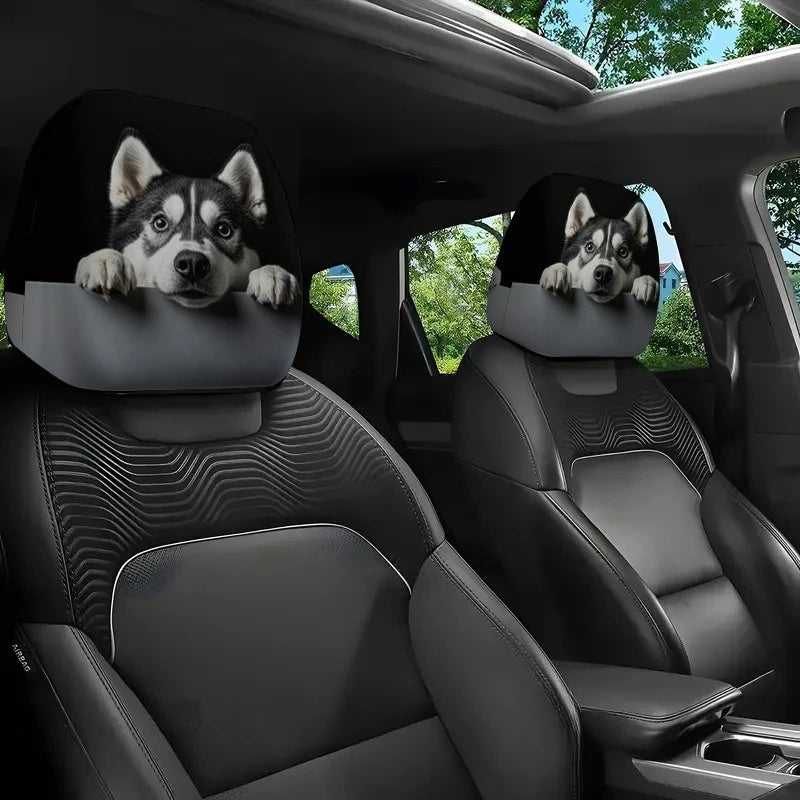 2pcs Husky Dog Print Car Headrest Cover Cute Husky Face Design Easy Installation