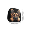 A car seat backrest cushion featuring a printed illustration of a German Shepherd peeking over the edge, shown with dimension markings of 22cm by 25.5cm on a plain white background.