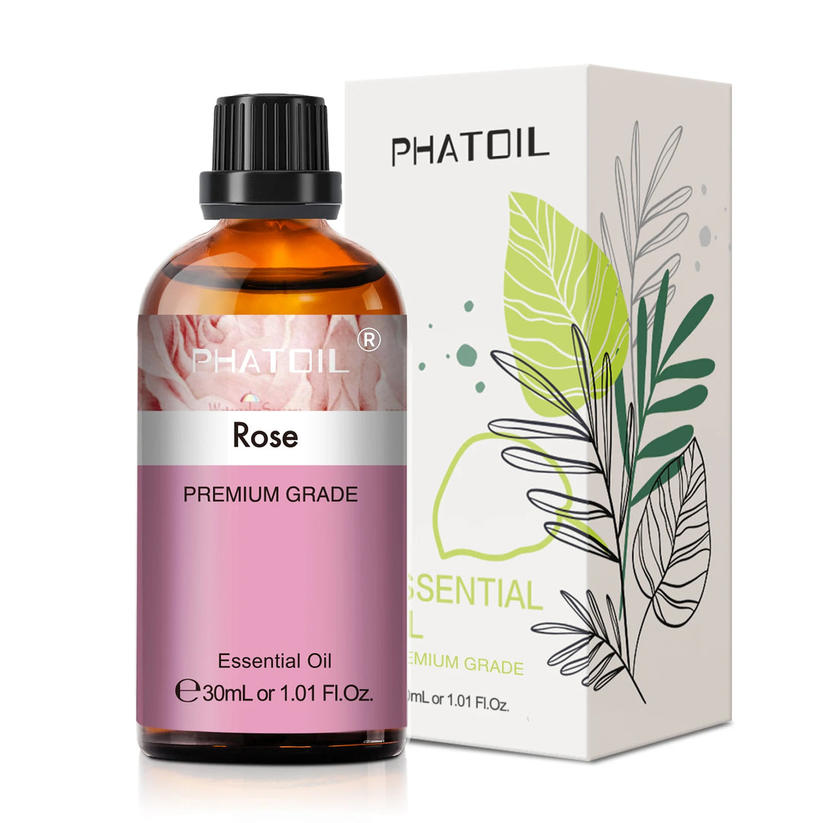 Phatoil Rose essential oil bottle and packaging on a white background