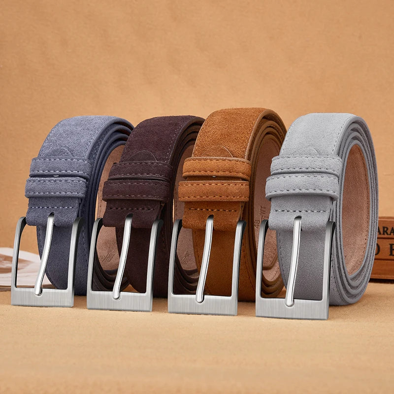 Men's Suede Leather Belt Silver Pin Buckle Vintage Style for Jeans & Chinos