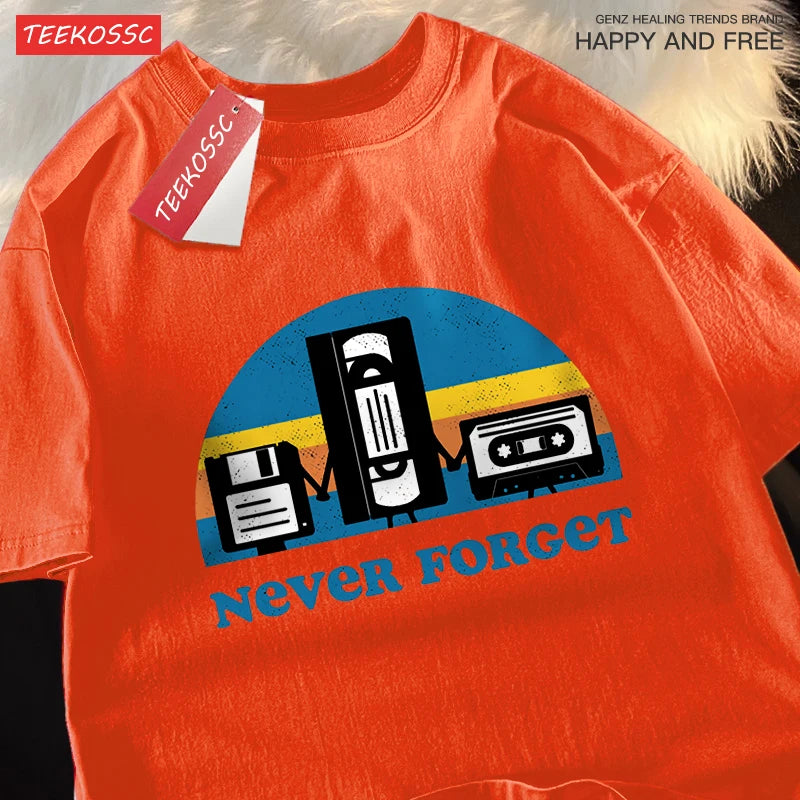 T-Shirt Unisex Never Forget Retro Tech Floppy VHS Cassette Vintage Graphic Tee