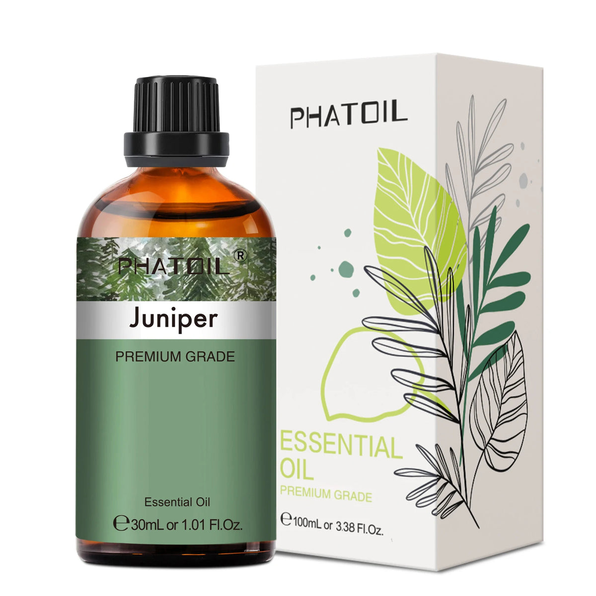 Phatoil Juniper essential oil bottle and packaging on a white background