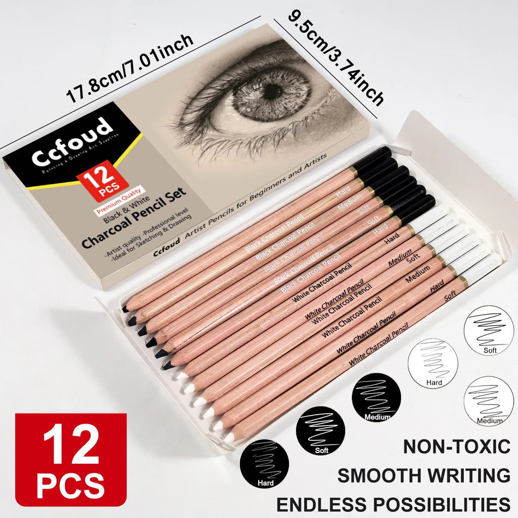 Pro Charcoal Pencils Drawing Set — Black & White, S/M/H Grades