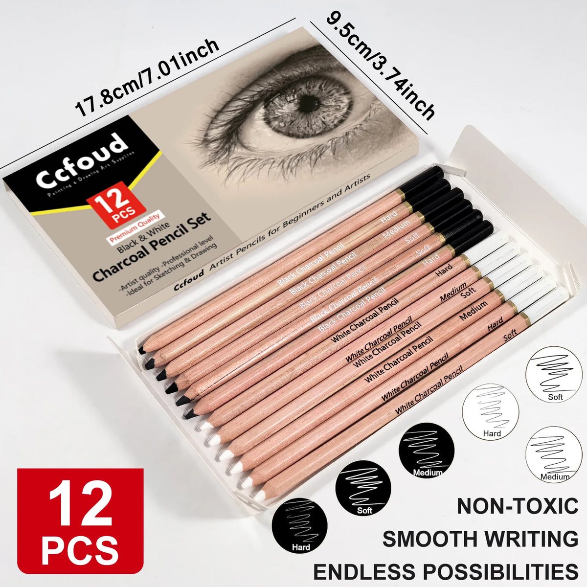 Pro Charcoal Pencils Drawing Set — Black & White, S/M/H Grades
