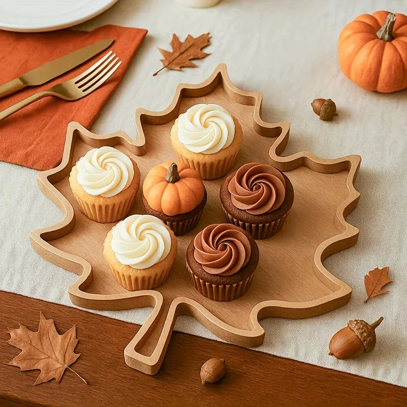 1pc Decorative Tray, Thanksgiving Day Wooden Tray, Maple Leaf Design Table Decoration, Thanksgiving Day Decoration for Home
