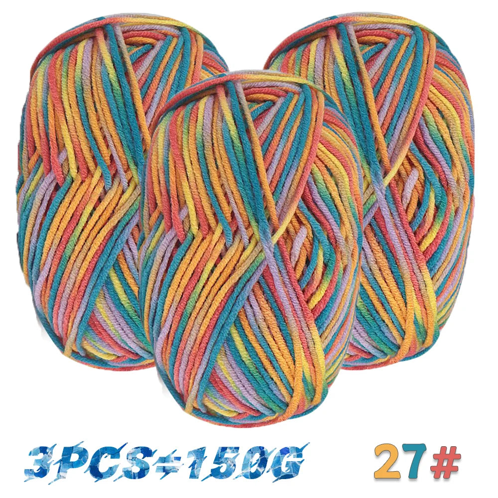 Three multicolored yarn skeins labeled color 27 and a total pack weight of 5.3 oz (150 g).