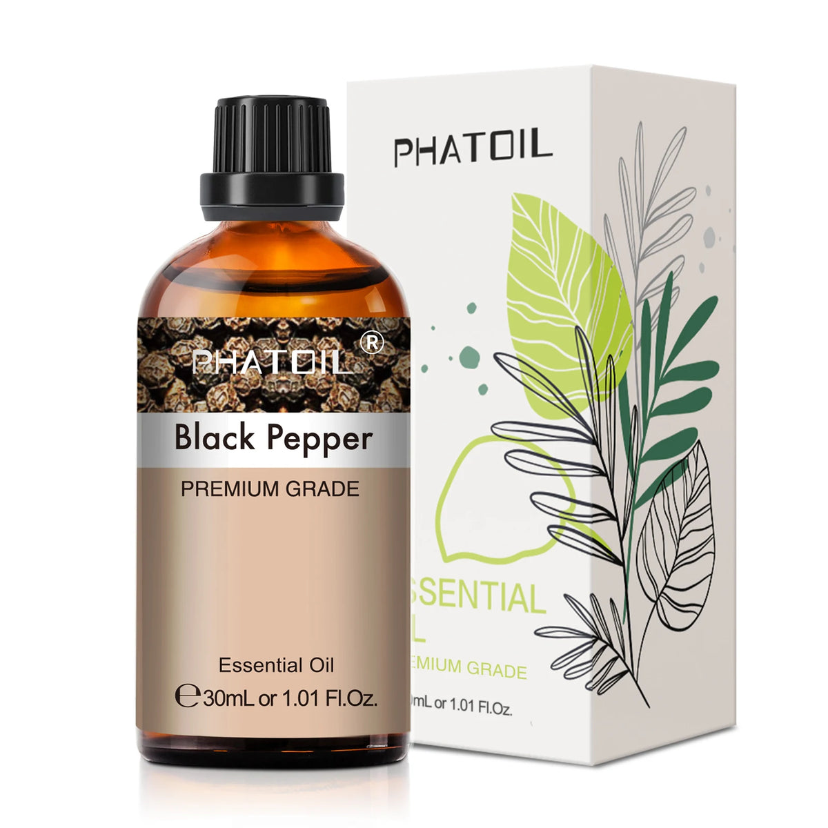Phatoil Black Pepper essential oil bottle and packaging on a white background
