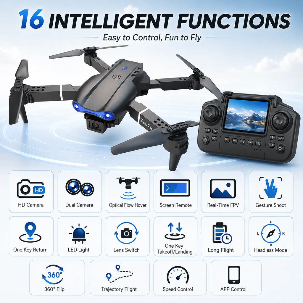Black quadcopter drone with a screen remote controller, shown with marketing text and feature icons on a light blue cloudy background.