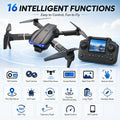 Black quadcopter drone with a screen remote controller, shown with marketing text and feature icons on a light blue cloudy background.