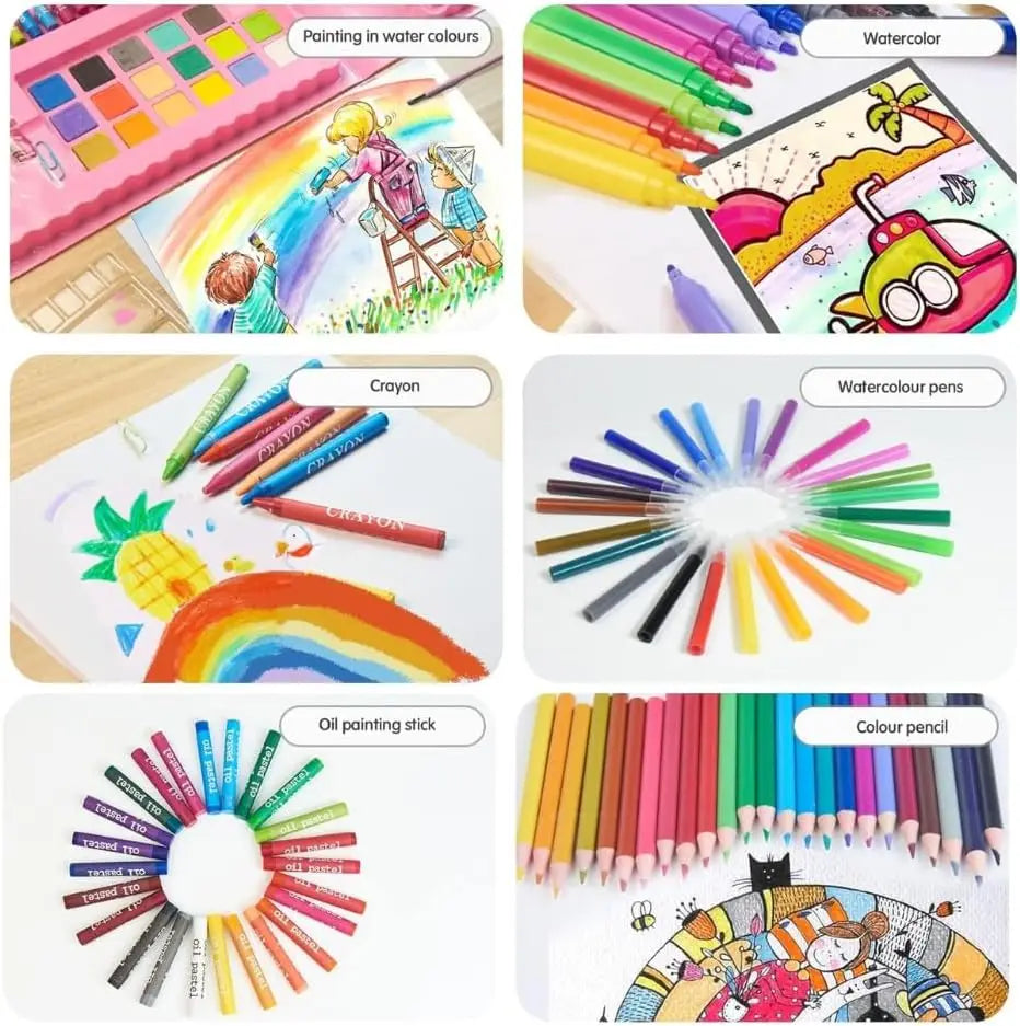 208-Piece Art Kit with Trifold Easel — Pastels, Crayons, Pencils & Watercolors