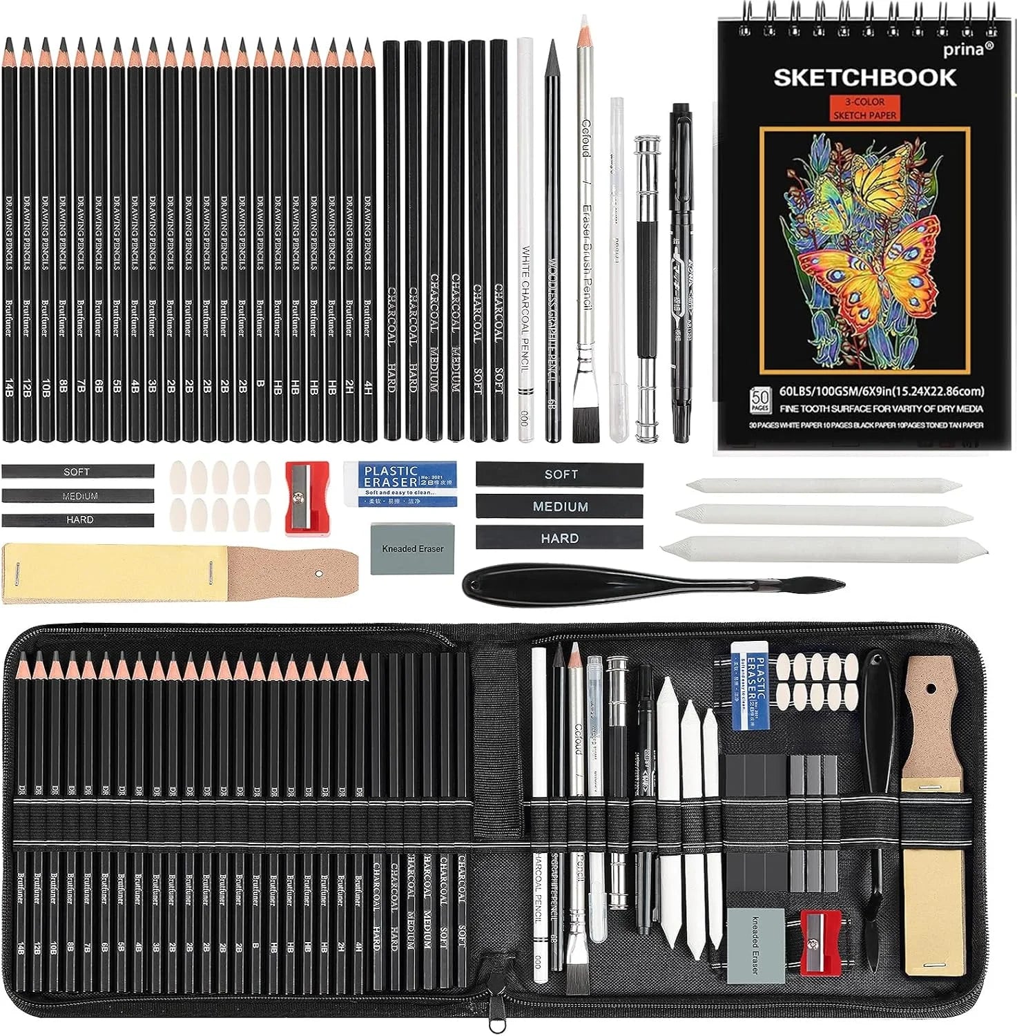 Sketching & Drawing Set with Graphite, Charcoal & Blending Tools