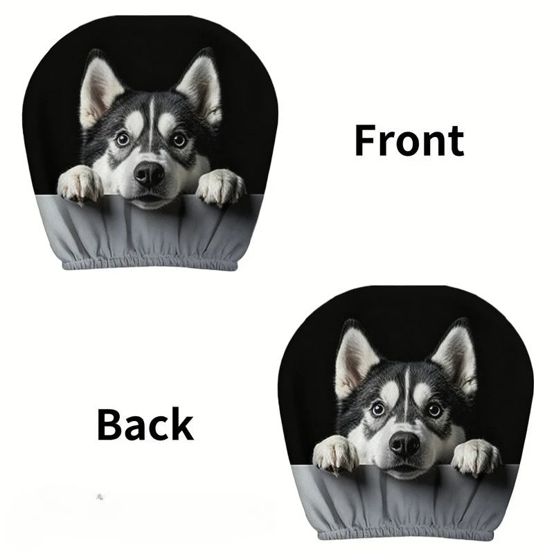 2pcs Husky Dog Print Car Headrest Cover Cute Husky Face Design Easy Installation
