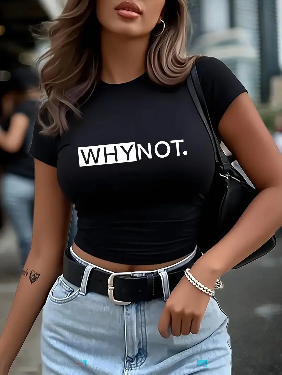 T-Shirt Women's "WHYNOT." Letter Print Cropped Top Short Sleeve Cotton