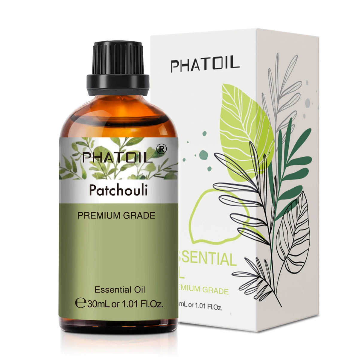 Phatoil Patchouli essential oil bottle and packaging on a white background
