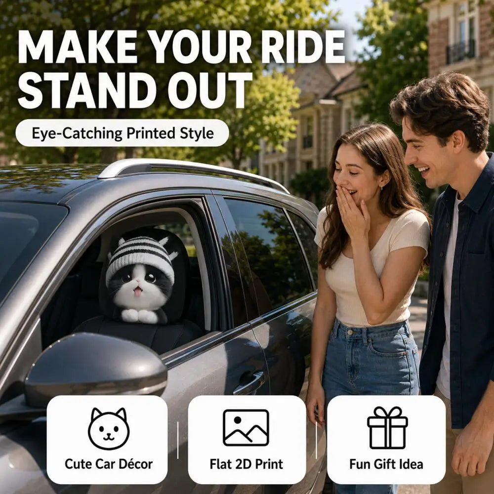 A man and woman stand beside a car in a sunny outdoor setting, with a plush cat head car seat cover displayed inside the window. Large text reads 'MAKE YOUR RIDE STAND OUT' and includes icons for 'Cute Car Décor,' 'Flat 2D Print,' and 'Fun Gift Idea.