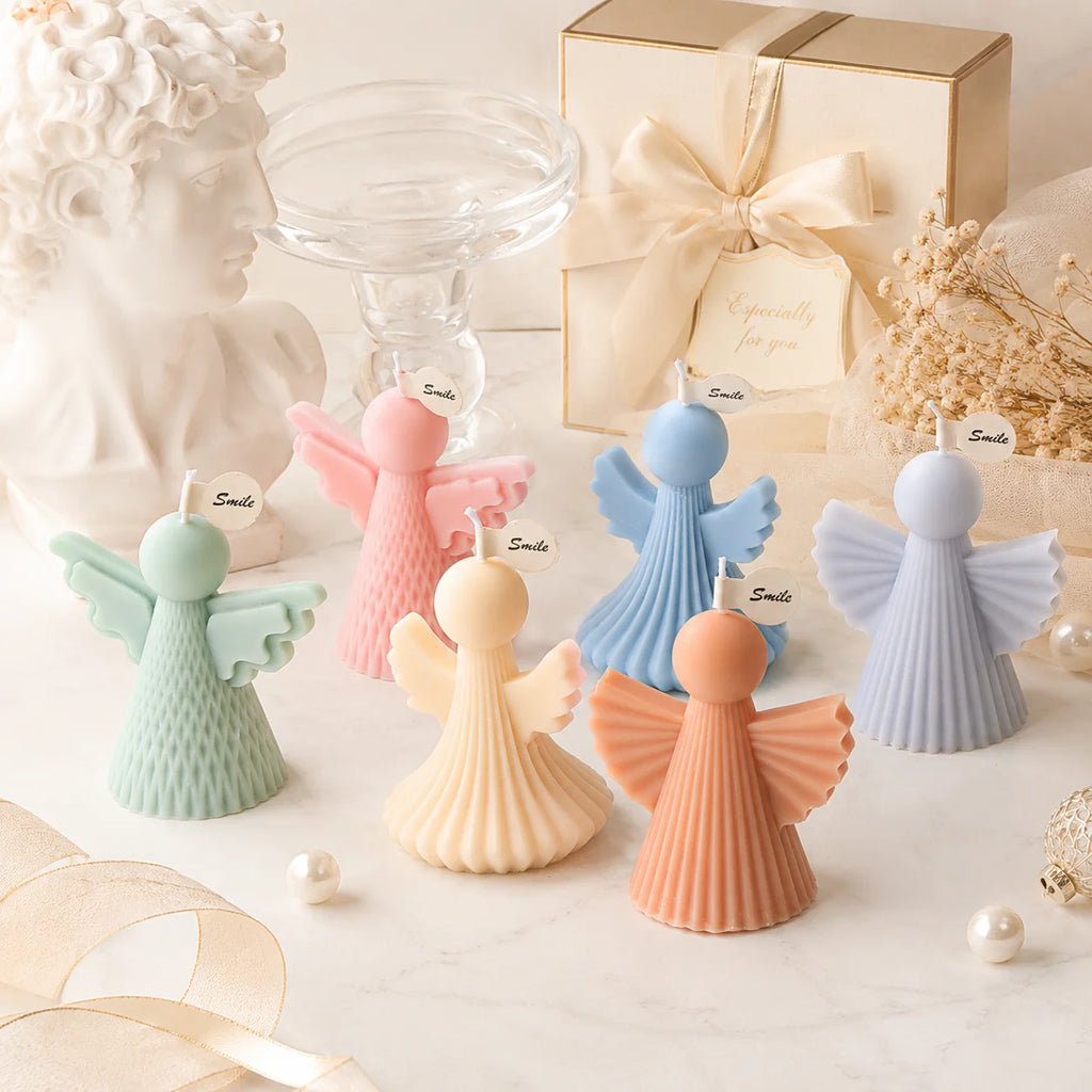 Six pastel angel example candles with different robe textures and wing shapes