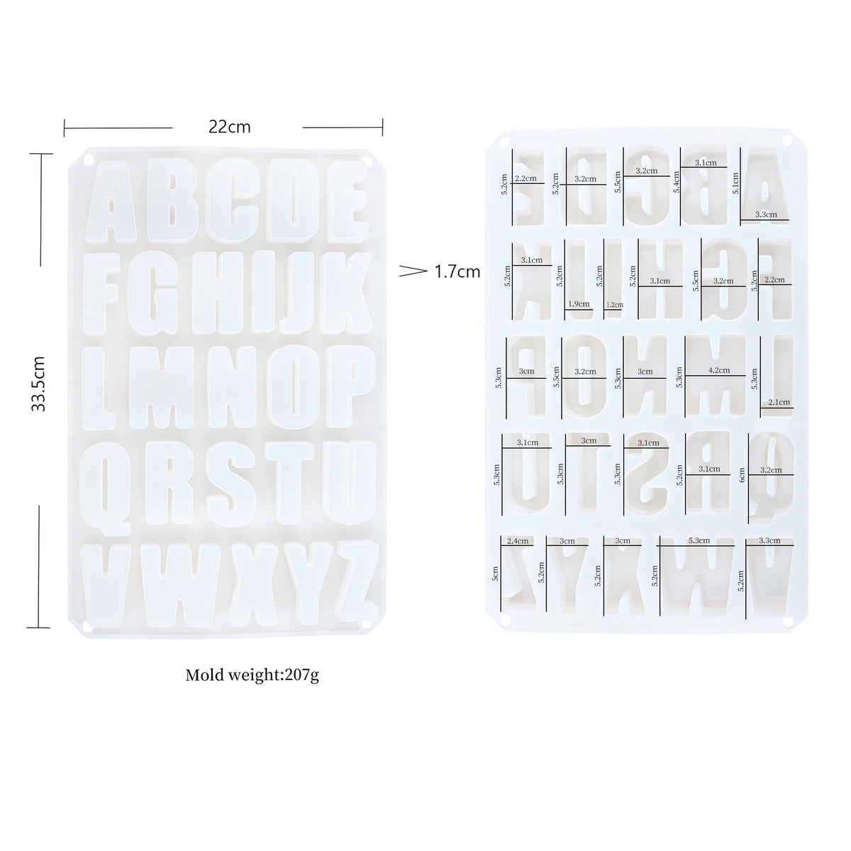 Alphabet silicone mold measurement diagram showing tray dimensions and individual letter cavity sizes