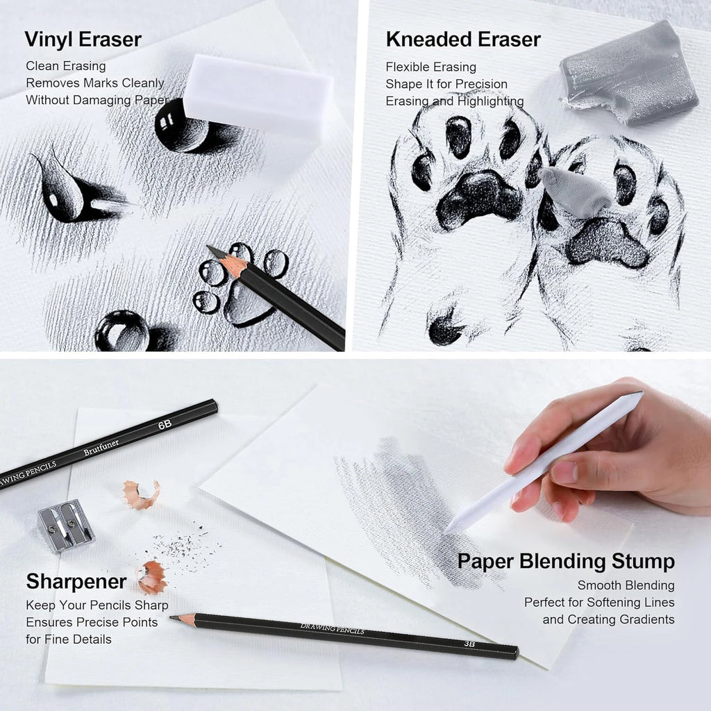 18-Piece Professional Sketch Pencil Set — 5H to 14B, Eraser, Sharpener & Blending Stump