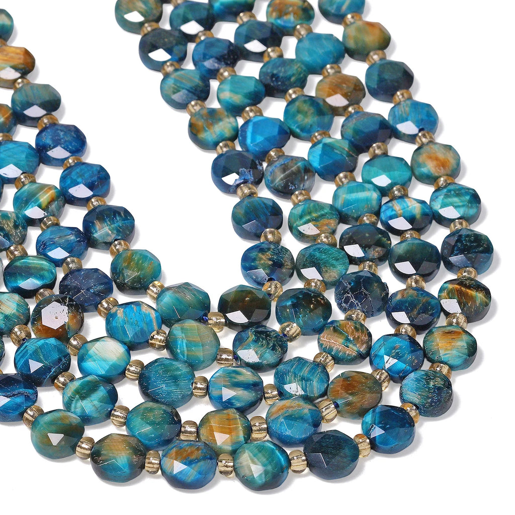 Stone Beads Faceted Coin Lake Blue Tiger Eye for DIY Jewelry Making Craft Beads