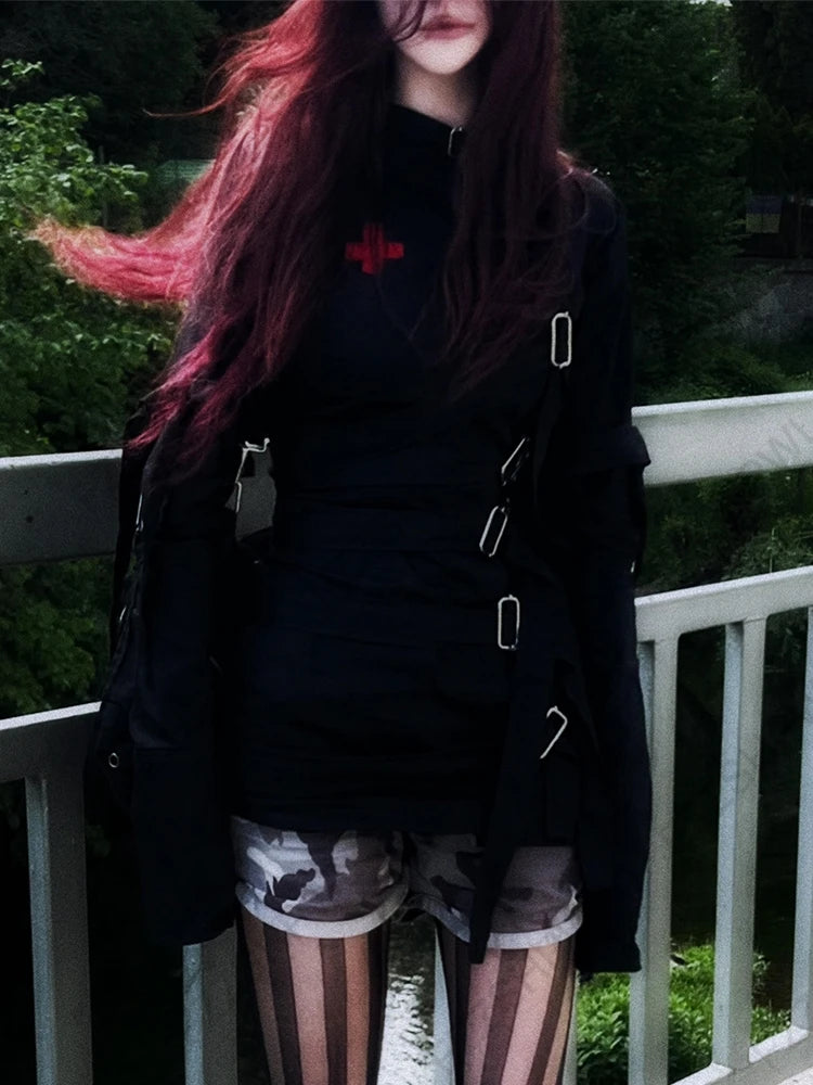 Jacket Women's Gothic Punk Lace-Up Buckle Strap Red Cross Y2K Harajuku Grunge