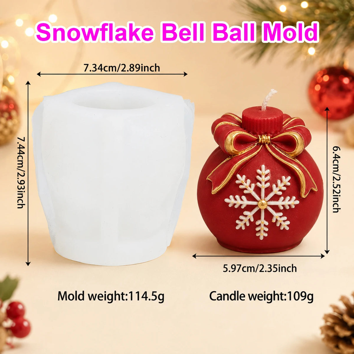Snowflake Bell Ball Candle or soap Mold shown next to the finished red candle it creates. The image includes dimension labels for both the white silicone mold and the red holiday candle, with text reading 'Snowflake Bell Ball Mold' and product weights at the bottom.