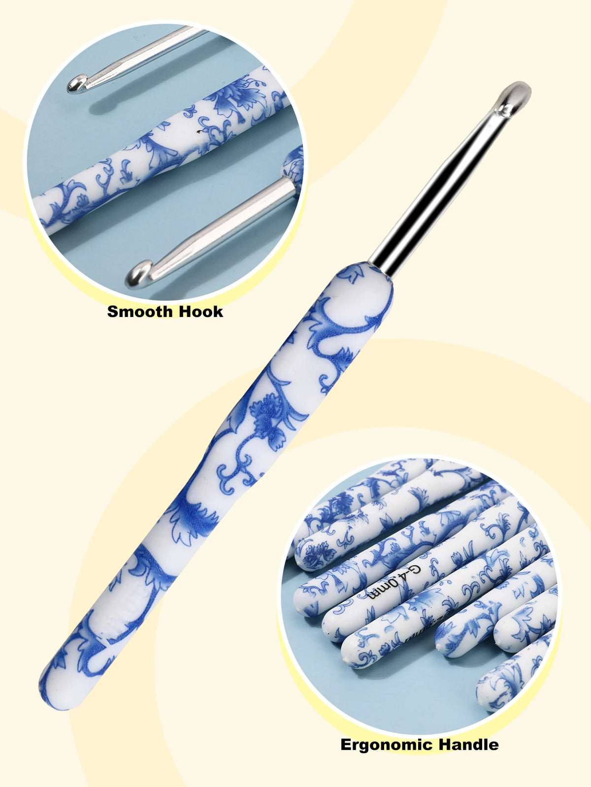 Crochet Hooks, Blue & White Porcelain-Style Set for Handmade Yarn Crafts