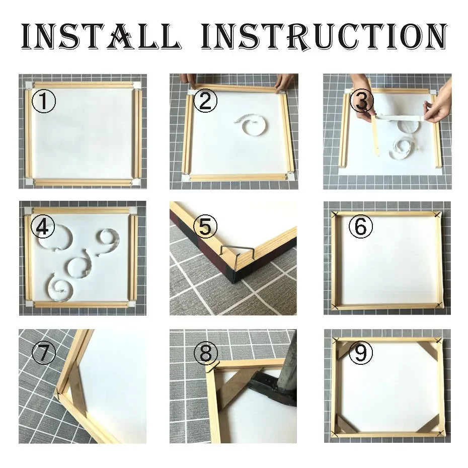 Step-by-step installation instructions for a mirror frame on a tiled wall.