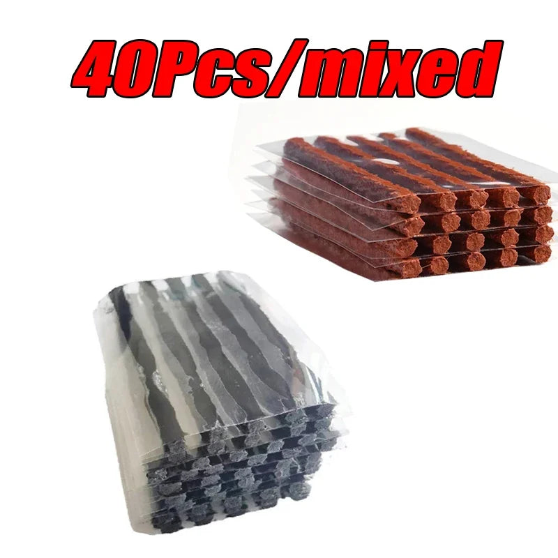 Black and Brown Tire Plugs (20 each) with a clear plastic cover and text indicating '40Pcs/mixed' on a white background