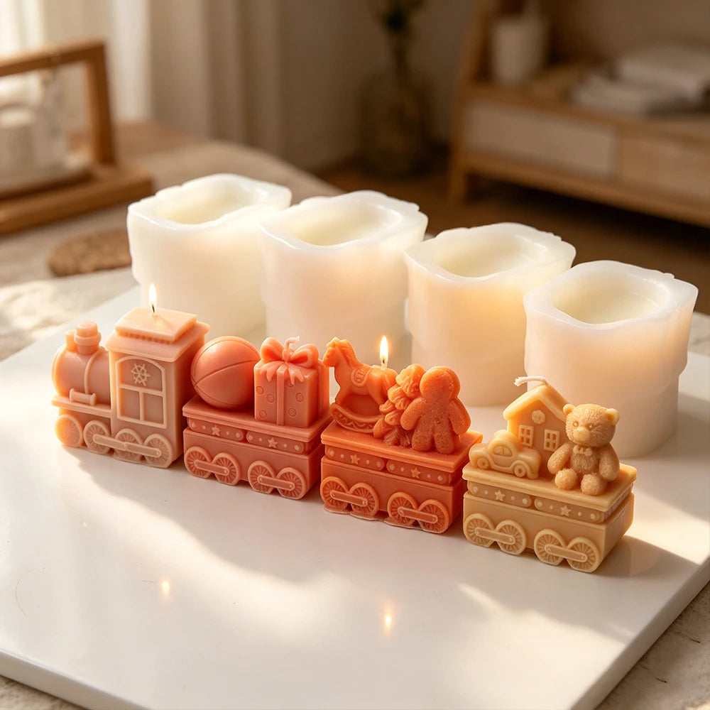 3D Christmas Train Silicone Candle Mold, 4 Carriages Bear Gingerbread Man Gift Box Design Soap Mold DIY Xmas Home Decor Gift