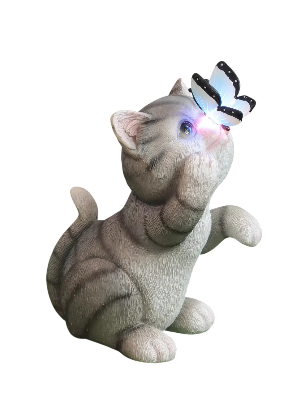 A gray tabby cat garden statue with a black and white butterfly perched on its nose, set against a plain white background.