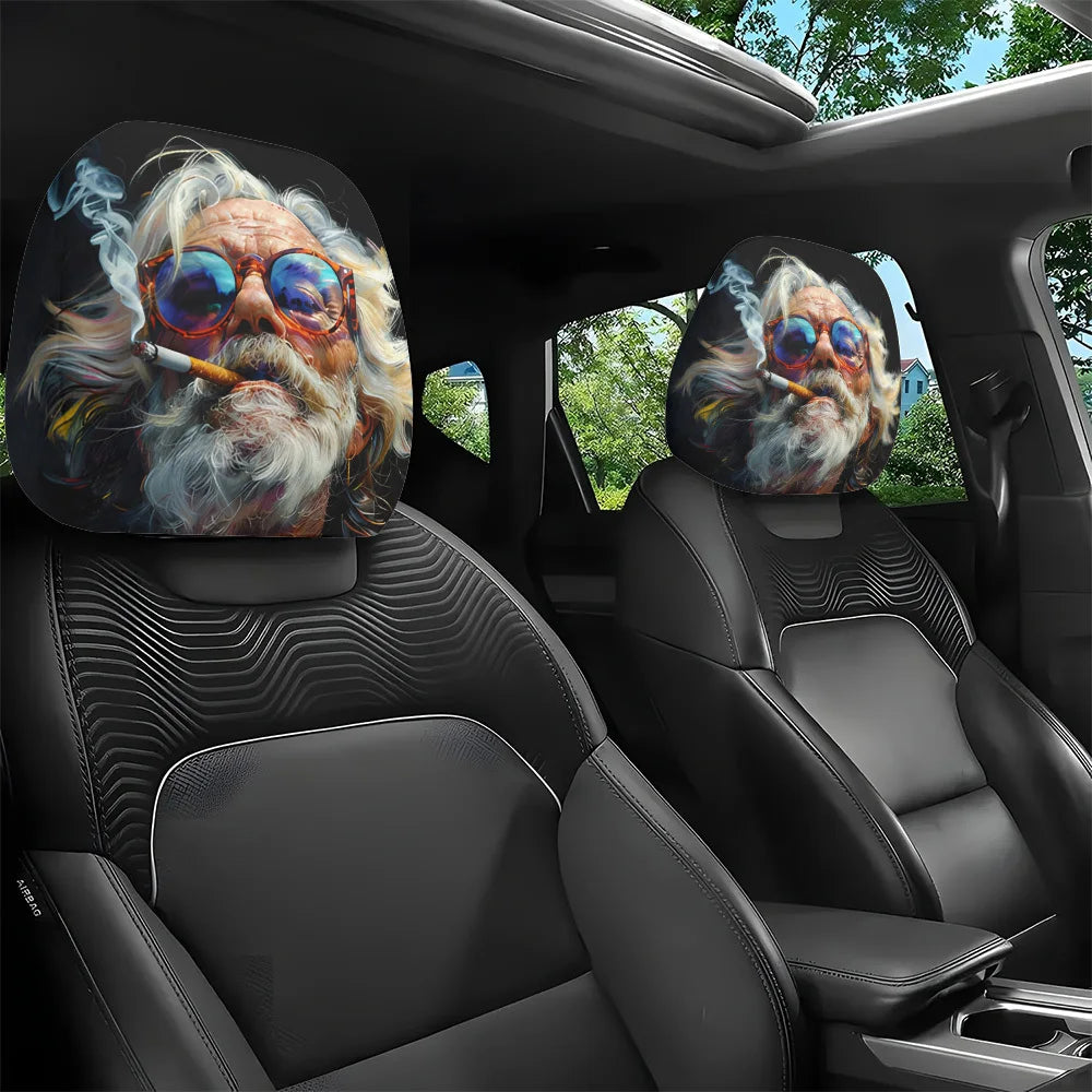 2pcs Vintage Fashion Glasses Print Headrest Covers Fun Smoking Hippie Interior Decor Easy Install and Wash,