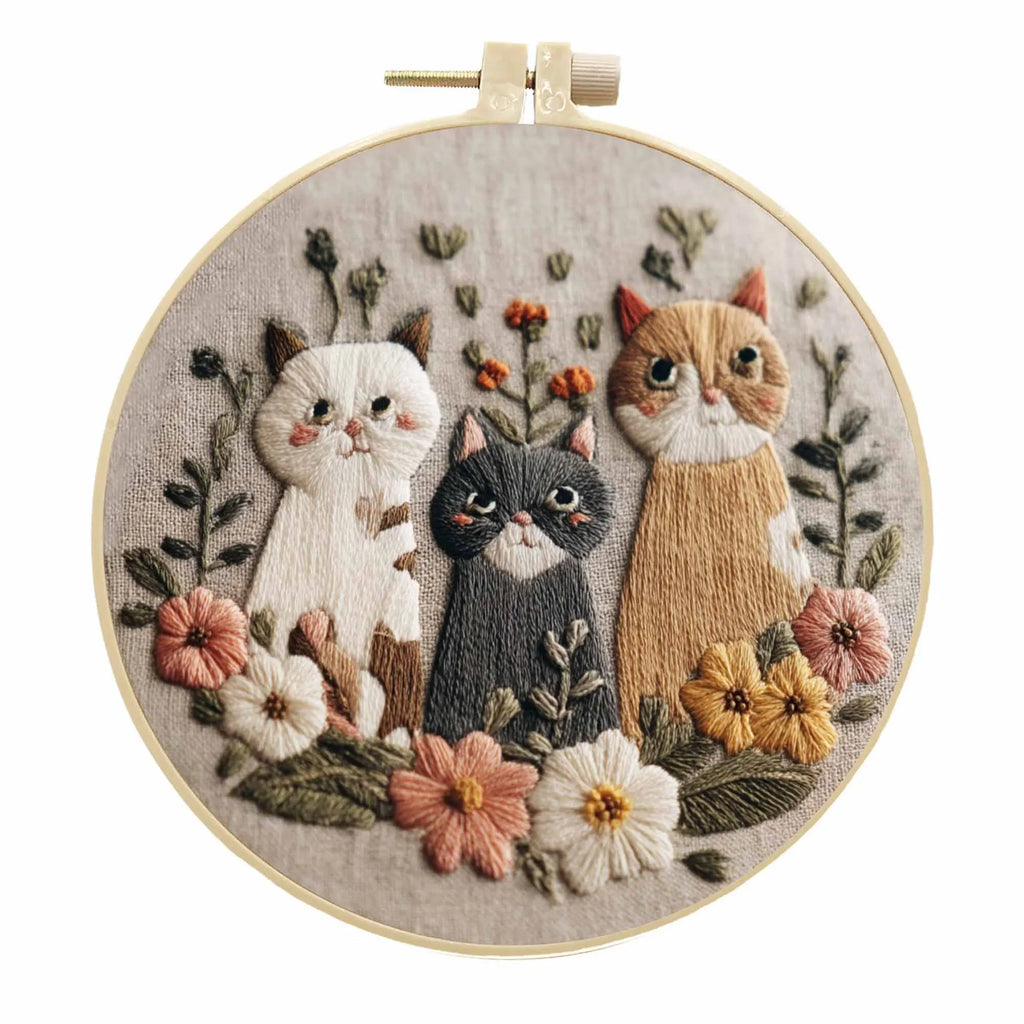 Embroidery Kit, Cats & Flowers with Needles & Thread for Handmade Crafts