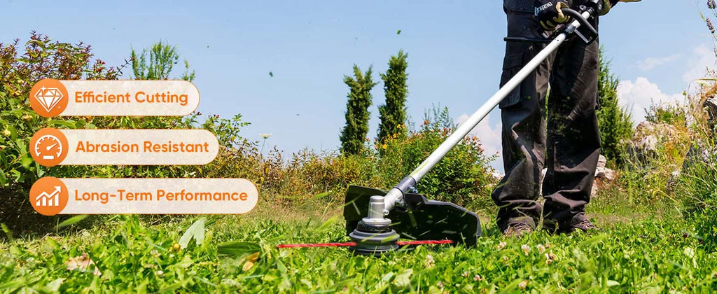 A person using a string trimmer on a grassy lawn outdoors, with three orange text callouts on the left listing features: Efficient Cutting, Abrasion Resistant, and Long-Term Performance.