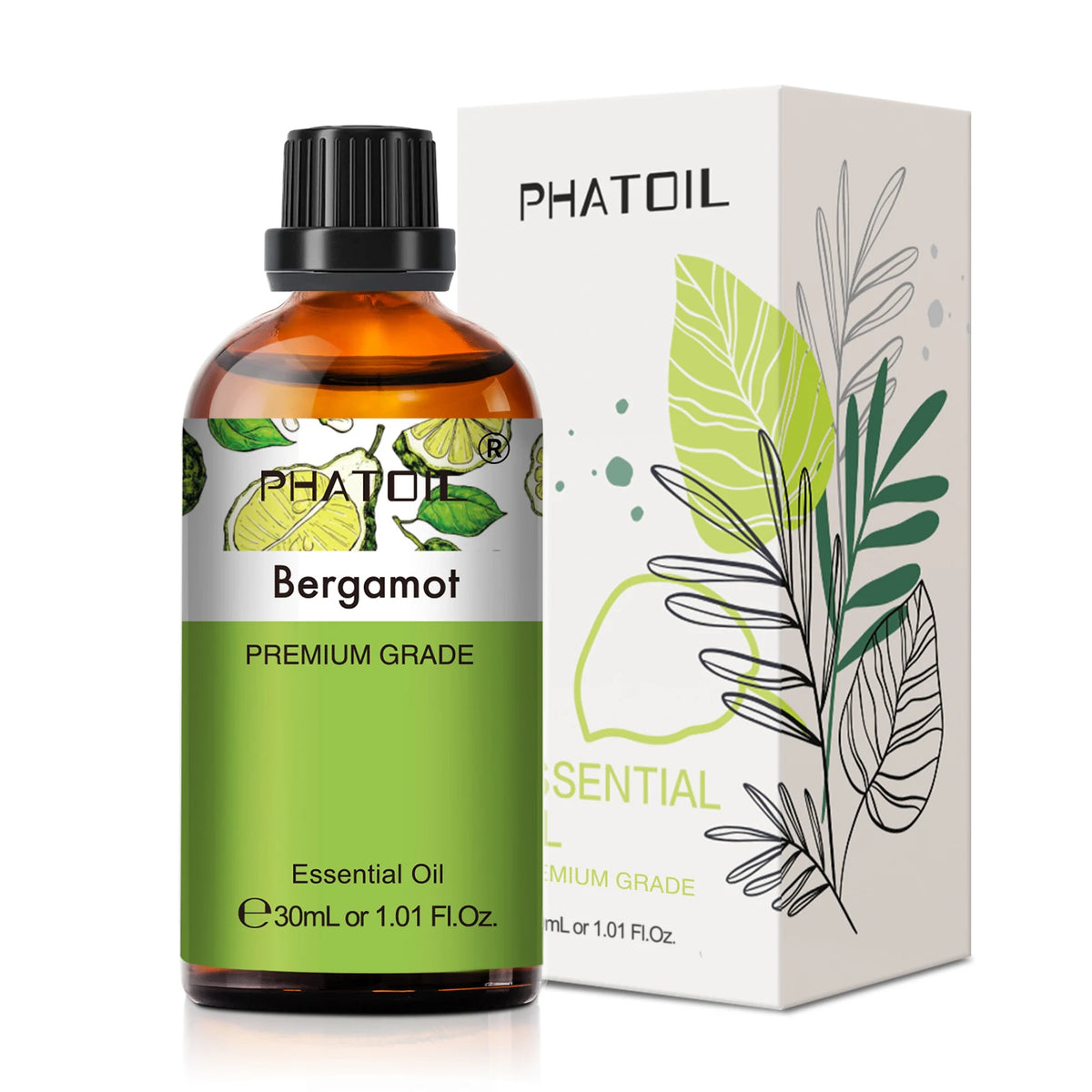 Bottle of Phatoil Bergamot essential oil with packaging on a white background
