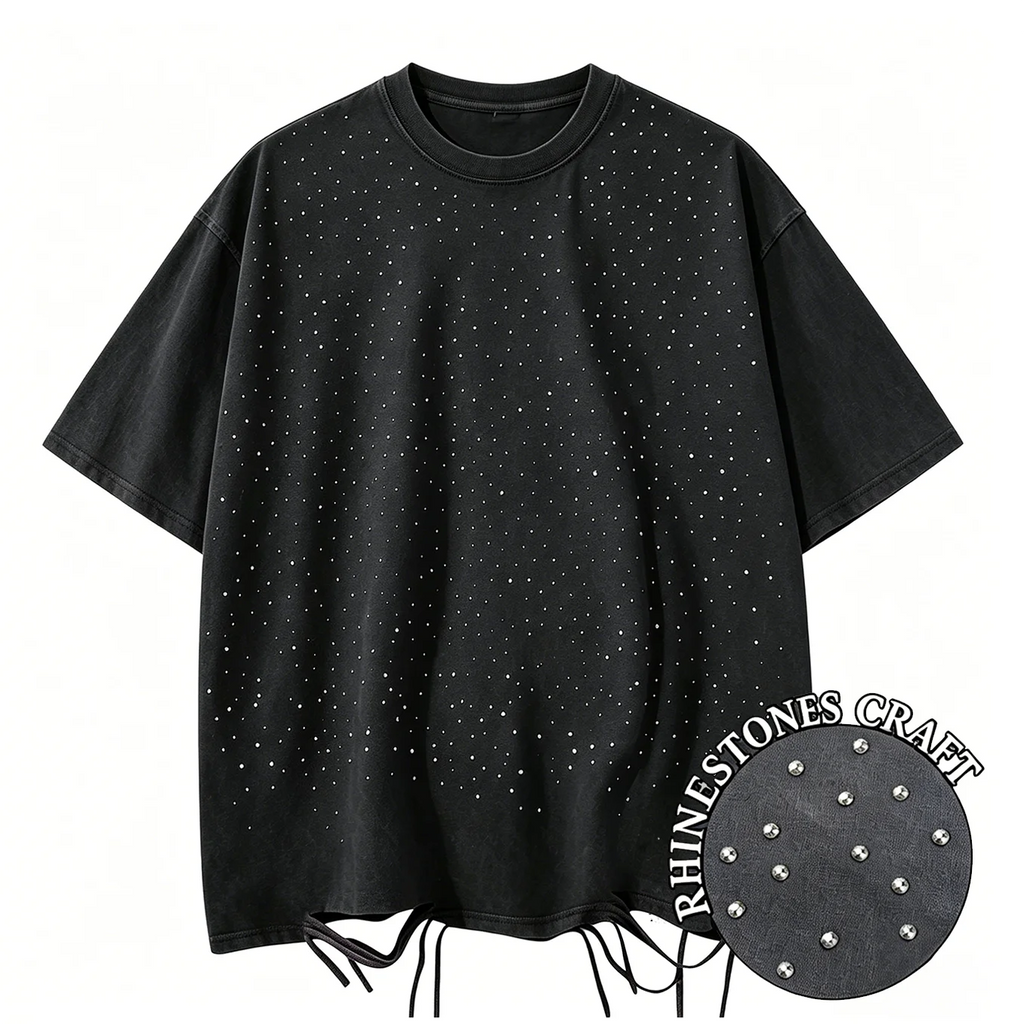 T-Shirt Unisex Rhinestone Acid Wash 100% Cotton Retro Punk Loose Hip Hop Tee
