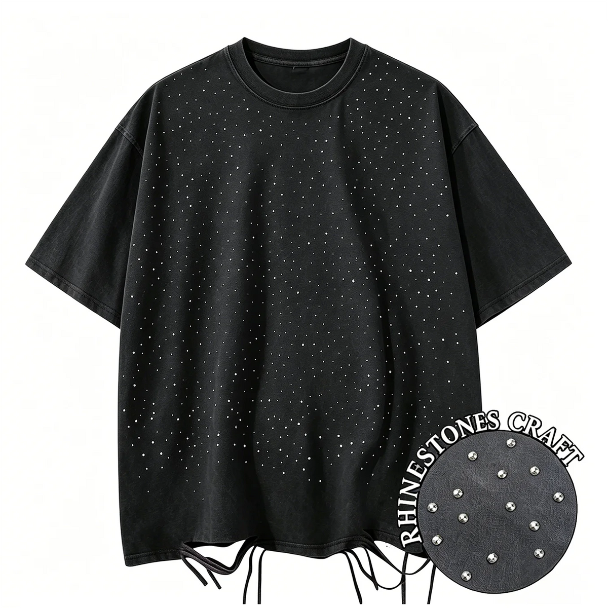 T-Shirt Unisex Rhinestone Acid Wash 100% Cotton Retro Punk Loose Hip Hop Tee