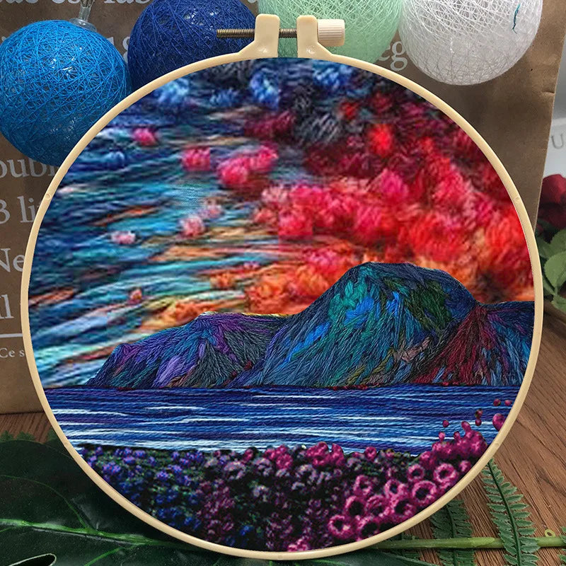 Embroidery Kit, Mountain Scenery with Hoop for Beginner Handmade Wall Art