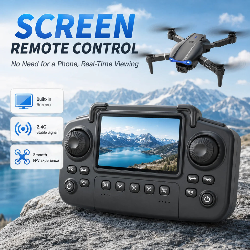 Black remote control drone transmitter with a built-in screen and dual joysticks, shown on a rock with a flying drone and mountain background. Text highlights screen remote control, built-in screen, 2.
