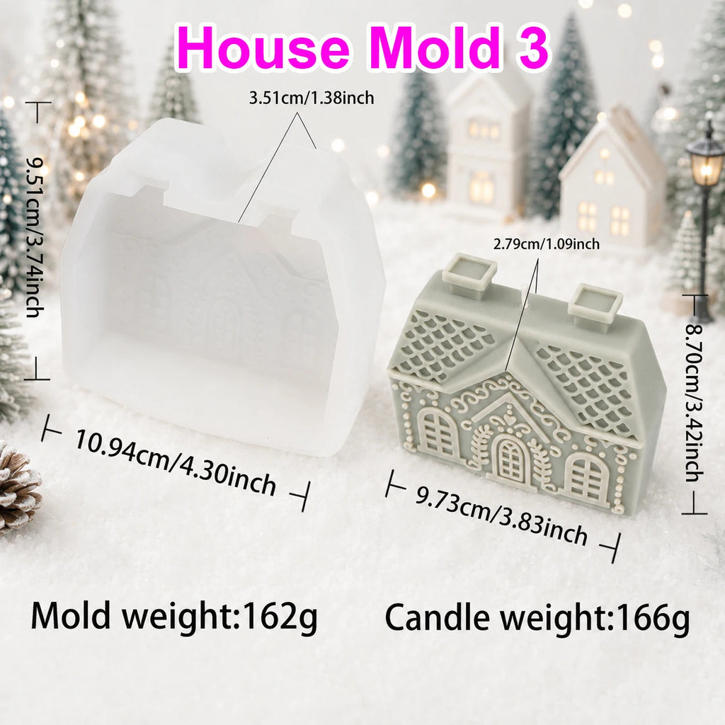 House Mold 3 diagram with wide two-chimney cottage example and separate mold and casting measurements