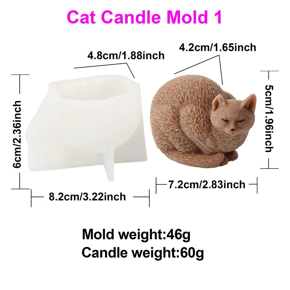 Cat candle mold set with a white silicone mold and a finished brown cat-shaped candle, showing dimensions and weights on a white background.
