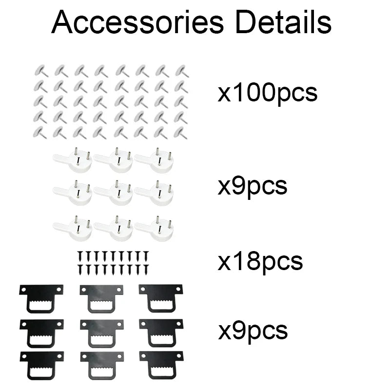 Accessories details sheet showing a set of small hardware components laid out on a white background with quantity labels: 100 silver clips, 9 white plastic clips, 18 black screws, and 9 black metal brackets.